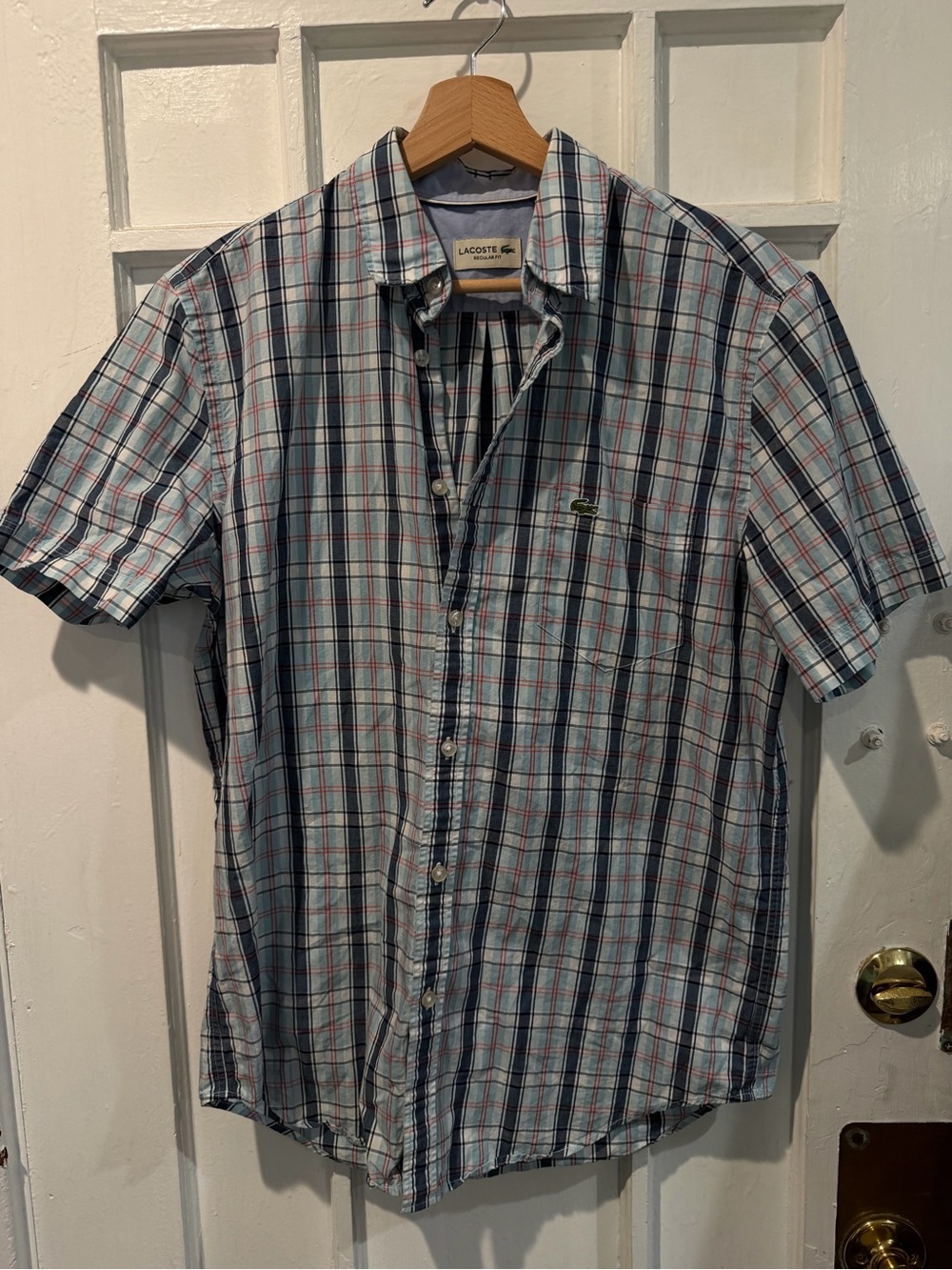 Lacoste Short-Sleeve Plaid Button-Down Shirt in Blue and White